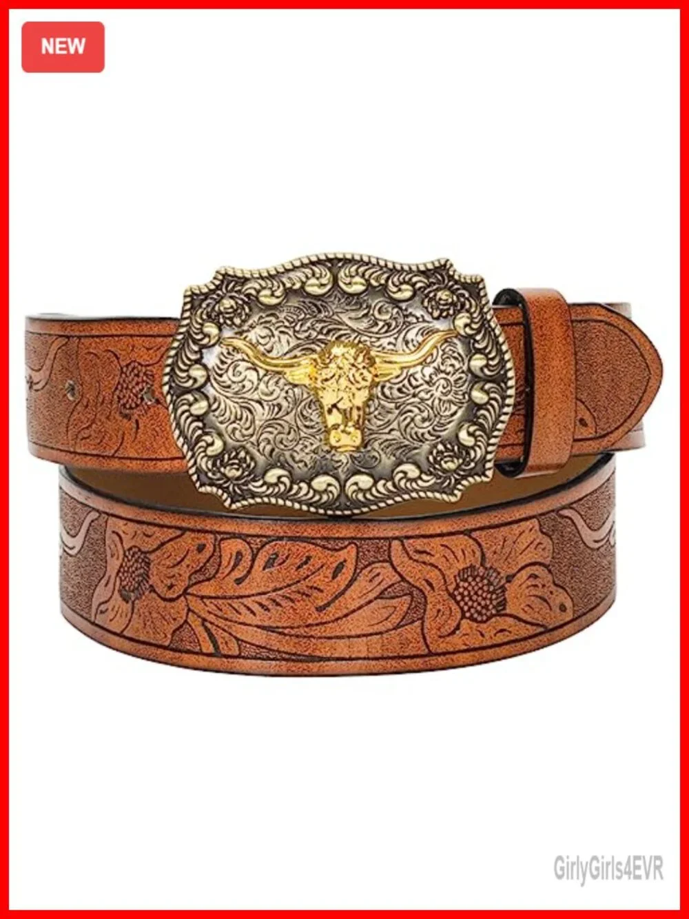 Women's PU Leather Western Belt Engraved Buckle Floral Cowgirl